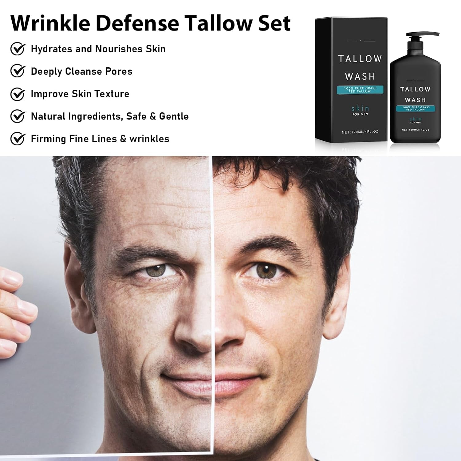 Wrinkle Defense Tallow Balm, 3 in 1 Mans Skincare Kit, Tallow Serum & Face Wash, Facial Skin Care Kit for Men, Tallow Moisturizer for Face, 100% Natural Beef Tallow Balm, Reduce Fine Lines