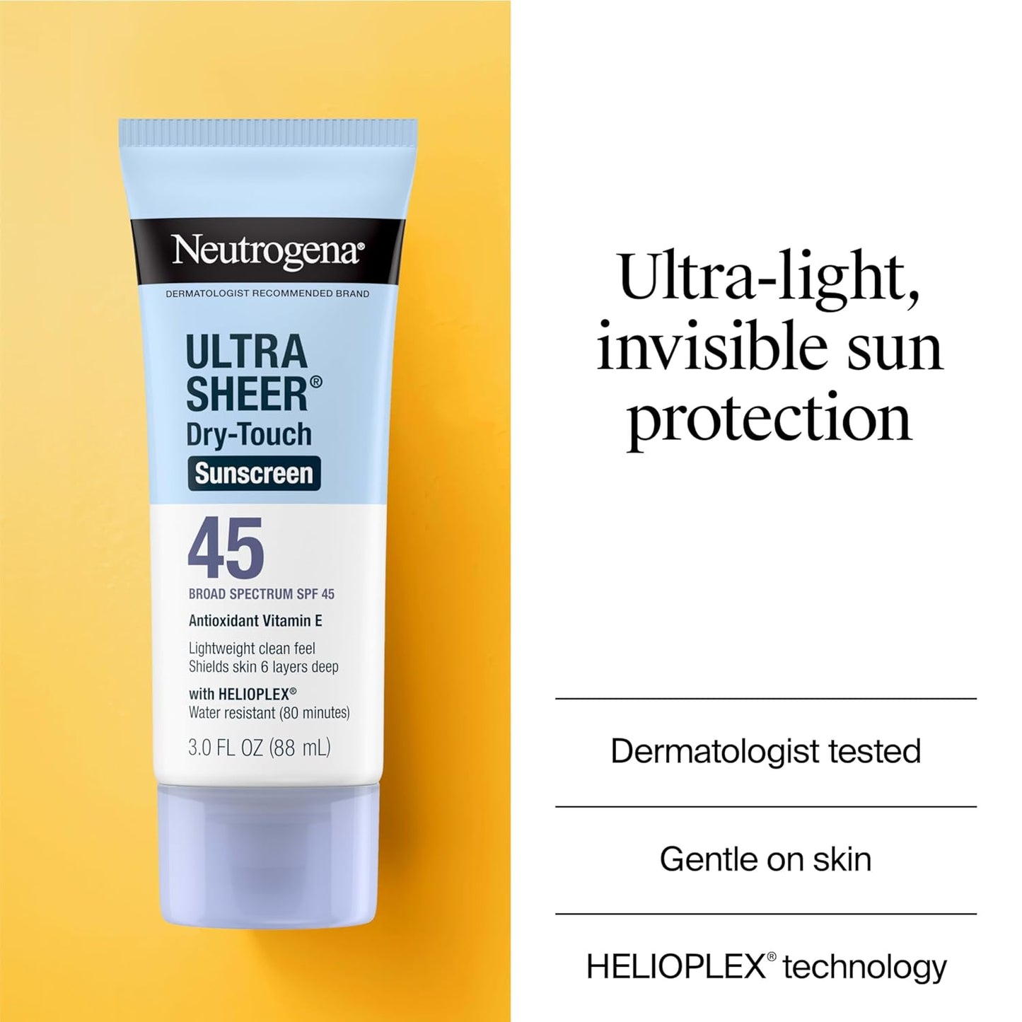 Neutrogena Ultra Sheer Dry-Touch Sunscreen Lotion, Broad Spectrum SPF 45 UVA/UVB Protection, Lightweight Water Resistant Face & Body Sunscreen, Travel Size, 3 Fl. Oz, 2 Pack