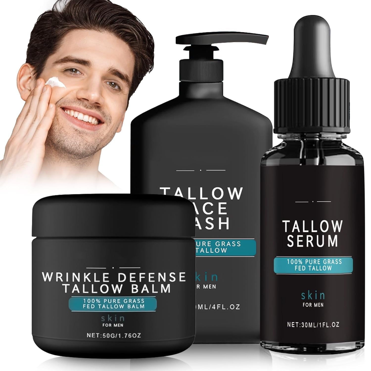 Wrinkle Defense Tallow Balm, 3 in 1 Mans Skincare Kit, Tallow Serum & Face Wash, Facial Skin Care Kit for Men, Tallow Moisturizer for Face, 100% Natural Beef Tallow Balm, Reduce Fine Lines