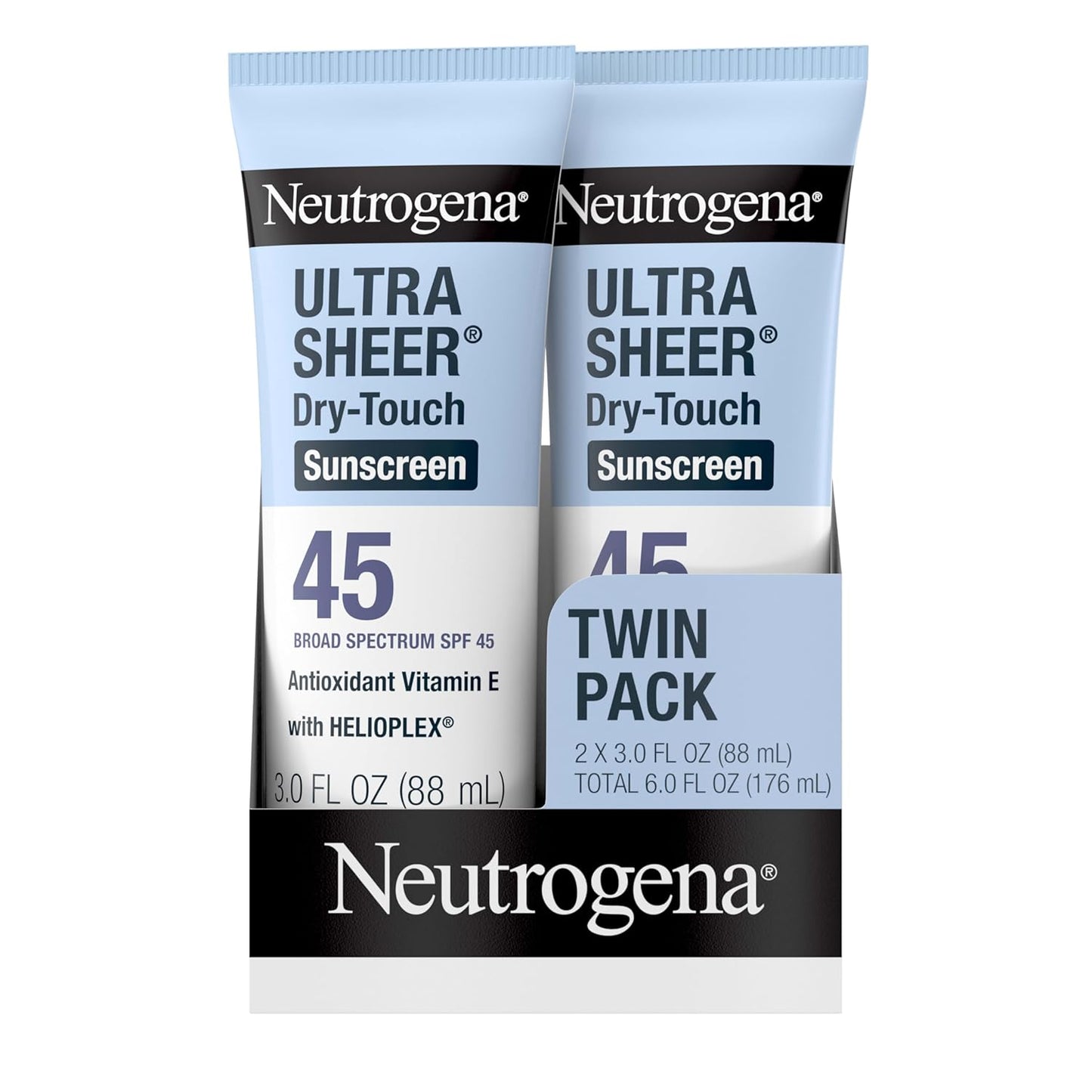 Neutrogena Ultra Sheer Dry-Touch Sunscreen Lotion, Broad Spectrum SPF 45 UVA/UVB Protection, Lightweight Water Resistant Face & Body Sunscreen, Travel Size, 3 Fl. Oz, 2 Pack